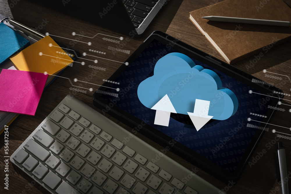 Poster cloud computing businessman connect devices to cloud technology networking cloud computer