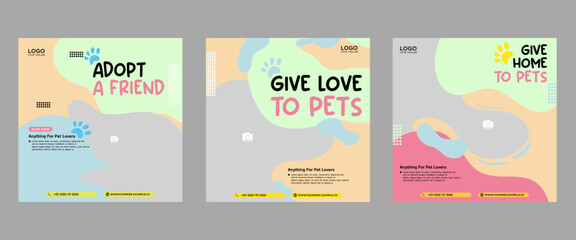 Set of three fluid beautiful color banner backgrounds pet care social media package promotion premium vector template