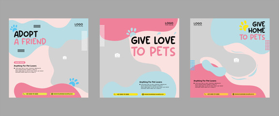 Set of three fluid beautiful color banner backgrounds pet care social media package promotion premium vector template