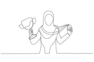 Illustration of muslim businesswoman standing holding golden medal and first prize trophy. One line art style