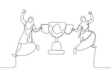 Drawing of muslim businesswoman partner celebrate winning victory trophy concept of team success. Single continuous line art