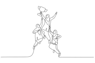 Illustration of muslim businesswoman jumping holding trophy get reward and celebrate. One line art style