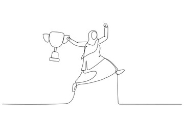 Illustration of muslim businesswoman holding winning trophy jumping high for celebration concept of celebration. One line style art