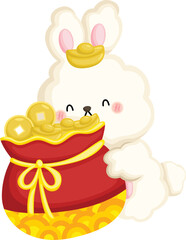 a vector of rabbit hugging a gold bag