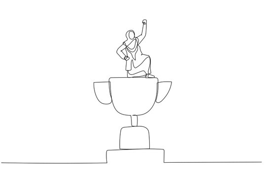 recommend clip art: Drawing of muslim businesswoman winner raising flag on winning trophy get victory. Single line art style