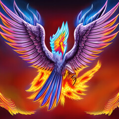 Obraz premium Mythological symbol of rebirth. Phoenix with burning wings and tail. Fantasy firebird. Generative AI