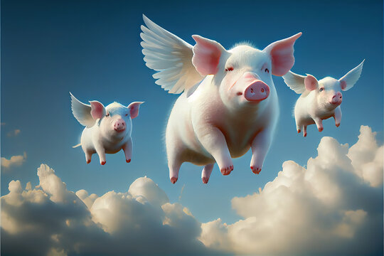 when pigs fly, flying piggies, pigs flying in clouds, pigs in the sky, pig, generative ai