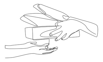 Continuous line of the courier passes the client a package