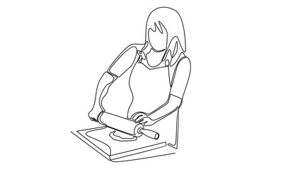 continuous line of woman rolling dough with rolling pin