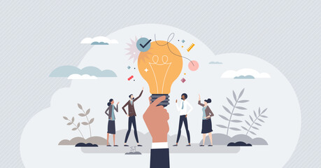 Business ideas with creative and innovative company plans tiny person concept. Successful solution with cooperative advice vector illustration. Opportunity for new startup project with invention team. - obrazy, fototapety, plakaty