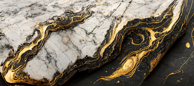 The texture of black and white marble with gold veins. Natural pattern. Abstract 3D illustration of marble surface for backgrounds, wallpapers, photo wallpapers, murals, posters. © veter