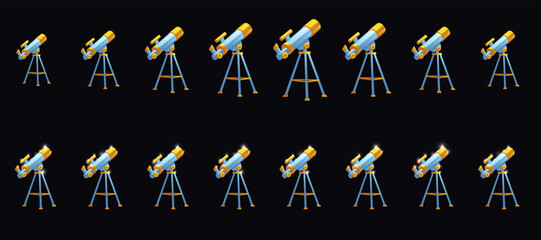 Telescope set different sizes and with shine animation. Concept of astronomy science, learning, discovery with spyglass for explore stars and planets on night sky, vector cartoon illustration