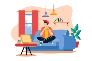 Boy Eating Pizza On Sofa