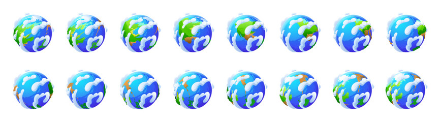 Earth globe rotation. Icons of world, planet from different views. Green and blue planet with white clouds turnaround set isolated on background, vector cartoon illustration