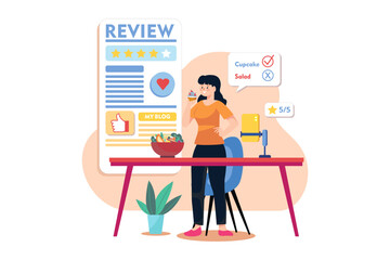 Blogger Woman Trying Food And Making Review