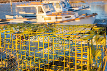 Lobster Trap With Lobster Boat Background