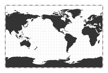 Vector world map. Cylindrical stereographic projection. Plain world geographical map with latitude and longitude lines. Centered to 120deg E longitude. Vector illustration.
