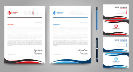 Professional creative letterhead and business card template. Modern a4 Business Letterhead Design. Red and Blue. Corporate business card branding identity. Vector	