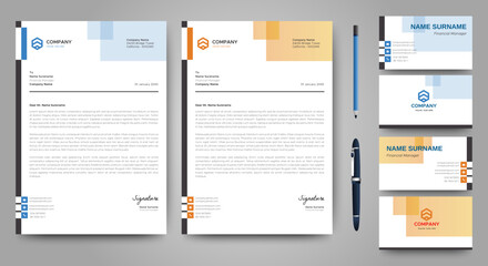 Elegant letterhead and Card design in minimalist Style Business Modern Creative A4 Size vector Blue and Orange Design
