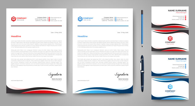 Professional creative letterhead and business card template. Modern a4 Business Letterhead Design. Red and Blue. Corporate business card branding identity. Vector	