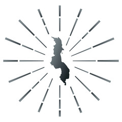 Malawi gradiented sunburst. Map of the country with colorful star rays. Malawi illustration in digital, technology, internet, network style. Vector illustration.