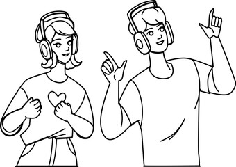 couple listening music line pencil drawing vector. man happy, young woman, girl together, male female, friendship technology, love mobile, beautiful couple listening music character. people