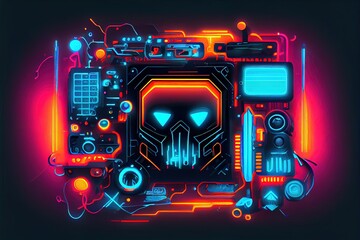 Illustration of gaming background, abstract cyberpunk style of gamer wallpaper, neon glow light of scifi fluorescent sticks. Digitally generated Ai image. Not based on any actual scene or pattern