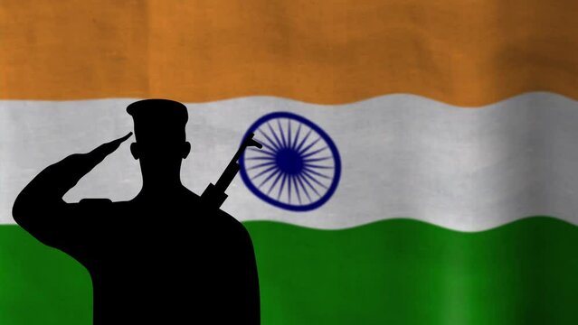 Indian soldier saluting the blur waving nation flag in slow motion animation. concept for national holiday, events and pride for nation.