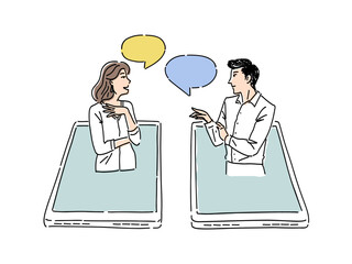 スマホで会話をするカップルのイラスト　話をしている男女