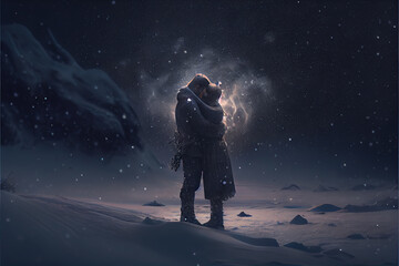 Fototapeta na wymiar a blizzard of love. Couple kissing in snow. Big heart. Love and valentine day concept. Neural network generated Ai art. Digitally generated image. Not based on any actual scene or pattern.