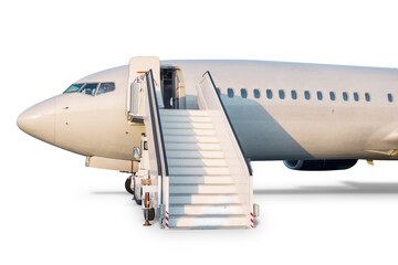 Close-up of passenger jetliner with boarding ramp isolated on transparent background