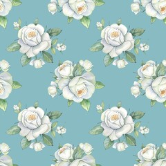 Floral seamless pattern with white roses, watercolor