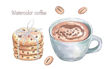 Hand drawn coffee cup, coffee beans, oatmeal cookies. Food watercolor illustration