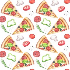 Seamless pattern with pizza and ingredients, watercolor