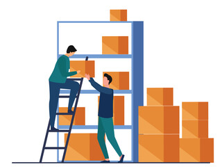 Man putting boxes on shelves of rack. Person lowering object and transferring object to another warehouse worker. Lowering boxes using ladder in warehouse and handover boxes with manual handling ways. © fihusainh