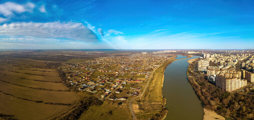 aerial panorama landscape of the village of Starobzhegokai near the Kuban river on a sunny day at the end of autumn - obrazy, fototapety, plakaty