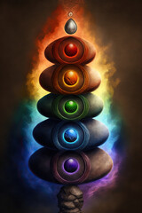Rock stack of balancing stones and chakra energy centering - generative ai