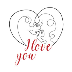 Drawn couple, heart and text I LOVE YOU on white background. Valentine's Day celebration