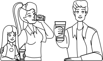 family drinking water line pencil drawing vector. child mother, healthy drink, glass kitchen, home girl, woman happy lifestyle family drinking water character. people Illustration