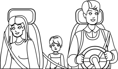 family driving line pencil drawing vector. car happy, man father, mother vacation, woman girl, drive travel, trip kid, summer fun, child auto family driving character. people Illustration