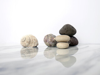 Fototapeta na wymiar Zen basalt stone and seashells on white marble background