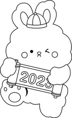 a vector of rabbit holding a 2023 banner in black and white colouring