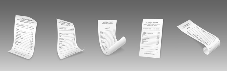 Naklejka premium Paper receipts, shop or supermarket cash checks. Purchase bills, financial invoices, grocery store cheques printed on white paper, isolated on background, vector realistic set
