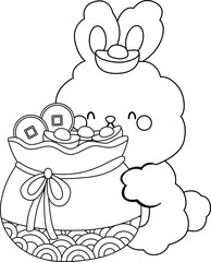 a vector of rabbit hugging a gold bag in black and white colouring