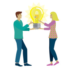 Woman and man with ideas, holding big light bulb between them. Isolated on white. Vector illustration.