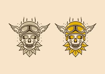 Vintage illustration design of skull wearing a helmet and goggles with wings on the sides