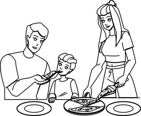 family eating pizza line pencil drawing vector. food dinner, home happy, caucasian girl, lunch child, female together, male meal, mother indoors family eating pizza character. people Illustration