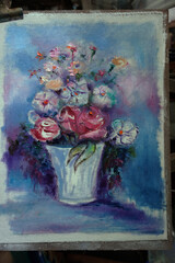art oil color painting  rose flower in vase