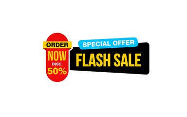 50 Percent FLASH SALE offer, clearance, promotion banner layout with sticker style. 
