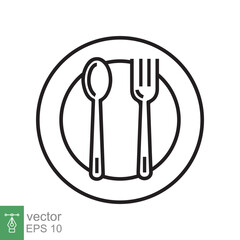 Spoon and fork on a plate icon. Simple outline style. Kitchen utensil, cutlery, silverware, culinary, food concept, line symbol. Vector illustration isolated on white background. EPS 10.
